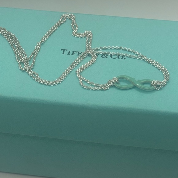 Tiffany & Co. Blue Enamel Infinity Pendant Necklace Double Chain - Picture 4 of 11
